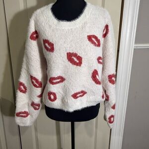 Francesca's Collections White Sweater with Red Lip Design